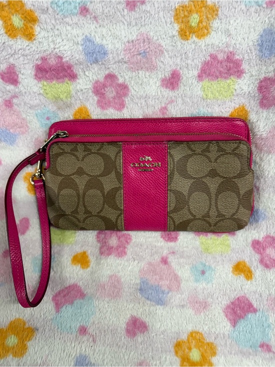 Coach Handbags - Coach Brown Signature Canvas Wristlet with Hot Pink Trim